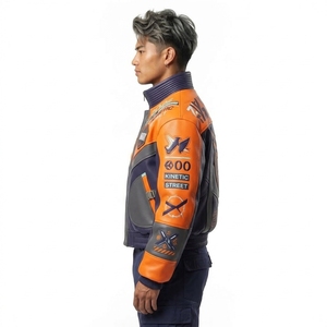Blouson Bomber en Cuir Kinétique Orange et Violet pour Homme avec Patch Emblème Aigle, Col Rembourré, Style Cyberpunk Racing Streetwear - Product Image 4