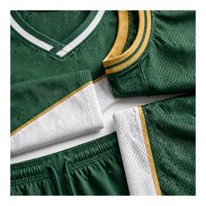 Ensemble uniforme de basket-ball vert, blanc et or, impression par transfert thermique, respirant, 100% Polyester, vêtements de sport unisexes pour adultes, AMKOOR - Product Image 6