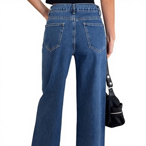 Elastic Waist <b>Women</b> Denim <b>Jeans</b> Wide Leg <b>Pull</b> <b>On</b> Comfort Fit Casual Trousers Custom Logo OEM Wholesale Factory Low MOQ Zip Fly - Product Image 2