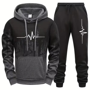 Ensemble de survêtement personnalisé léger et écologique pour homme avec motif battement de cœur, pull à capuche et pantalon de jogging en molleton, vente en gros, 2 pièces - Product Image 4