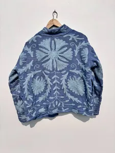 Chaqueta Acolchada de Algodón Azul Premium Hecha a Mano para Mujer, Ropa de Invierno, Elegante, Manga Larga, Abertura Frontal, Chaqueta Corta - Product Image 2