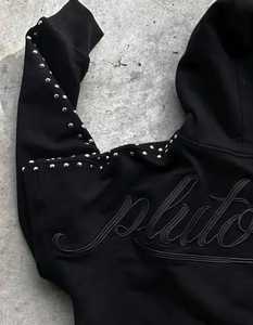 Gothic Men's Black Rhinestone Stud Trimmed Zip Hoodie- Heavyweight Sweatshirt with Cursive Letter Embroidery & Pockets - Product Image 4