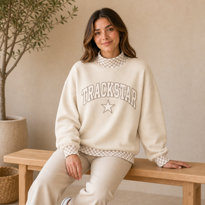 Cream Taupe Check Trackstar Women's Mock Neck Sweatshirt Ivory Letter <b>Star</b> Custom Logo OEM Private Label Wholesale Pullover - Product Image 1