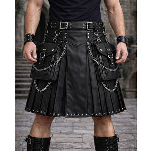 Kilt utilitaire en cuir véritable pour homme, noir et marron, style motard gothique, avec poches à chaîne, pour festivals et cosplay - Product Image 1
