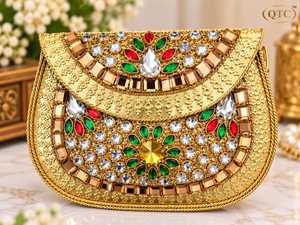 Bolso de mano pequeño con diseño Kundan, cierre de solapa, cuentas y correa de cadena, estilo étnico, para bodas y fiestas de verano, para mujer. - Product Image 2