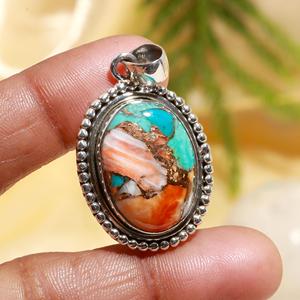 New Custom Spiny oyster copper Turquoise Handmade Oval Shape Stone Pendant <b>Solid</b> 925 Sterling <b>Silver</b> <b>Necklace</b> Pendant for Woman - Product Image 2