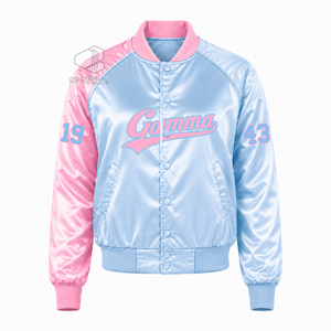 Chaqueta Universitaria Gamma Phi Delta para Mujer, Color Rosa y Azul Claro, Satén en Contraste, Cierre de Botones a Presión, Cuello y Puños de Punto Acanalado - Product Image 1