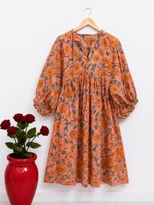 Vestido Midi Floral 100% Algodón para Mujer, Estilo Boho Casual de Verano, con Mangas Abullonadas, para Vacaciones en la Playa, Venta al Por Mayor - Product Image 1