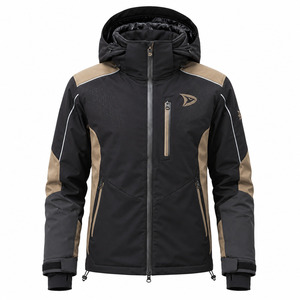 Women's Hooded Ski <b>Jacket</b> Black Tan Color Blocked <b>Waterproof</b> Synthetic Insulated Gore-Tex Zipper Closure - Product Image 1