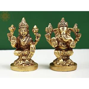 รูปปั้นทองเหลือง2นิ้วทำด้วยมือรูปปั้นคู่หินลักษมีและพระพิฆเนศผลิตในอินเดีย - Product Image 1