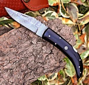 Nordic Forge Industrial Grade Damascus Steel Drop Point Folding Hunting Knife 7-Inch Black Resin Handle Leather Sheath Pocket - Product Image 2