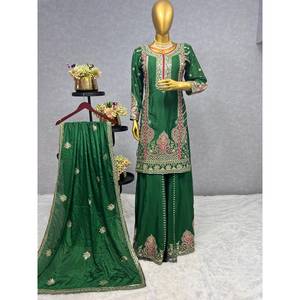 DISEÑADOR CHINON SECUENCIA BORDADA DE SECUENCIA TOP DE TRABAJO PALAZZO CON DUPATTA VERDE - Product Image 1