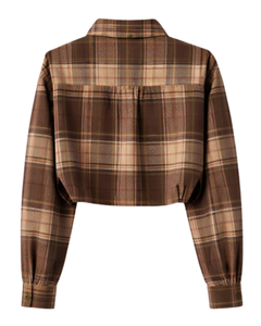 Chemisier court marron à carreaux personnalisé pour femme, col rabattu, manches longues, boutonné, style décontracté, fabricant et fournisseur OEM - Product Image 5