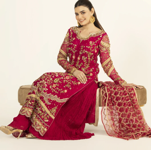 Robe longue de luxe rouge brodée à manches longues, motif floral, taille naturelle, faite à la main pour les occasions formelles - Product Image 3