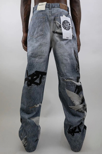 Jean droit taille haute pour homme avec imprimé numérique motif oiseau, en coton délavé, style streetwear, pantalon unisexe - Product Image 4