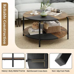 Mesa de centro redonda de 2 niveles con estante de almacenamiento, marco de metal, para sala de estar, apartamento, color marrón rústico, de calidad excepcional, precio de fábrica al por mayor. - Product Image 6