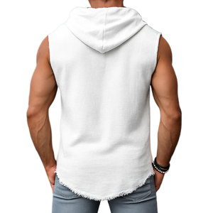 <b>Mens</b> <b>White</b> Sleeveless Hooded Tank Top Solid Casual Frayed Raw Edge Curved Hem Breathable <b>Vest</b> - Product Image 2