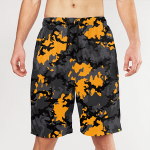 Shorts de Baño para Hombre, Camuflaje, Secado Rápido, Cintura Media con Cordón, Estilo Bermuda, Casual, Patrón Naranja y Negro - Product Image 1