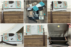 กระเป๋าคลัทช์หนังวัวแท้ลายแกะสลักสีเทอร์ควอยซ์สำหรับผู้หญิง ดีไซน์ทันสมัย ขนาดบาง ใส่เงินสดและบัตรได้ พร้อมสายคล้องมือ ใช้ได้ทุกวัน - Product Image 3