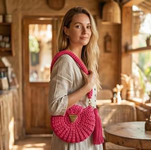 <b>Women's</b> Ethnic Pink <b>Tshirt</b> Yarn Oreo Bag Handmade Pearl Two Straps Purse Boho Shoulder Bag Cotton Cord Weaving - Product Image 2