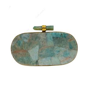 Pochette de soirée de luxe pour femme en mosaïque de pierres précieuses ovales d'amazonite avec cadre doré, incrustation de pierres naturelles, sac de soirée - Product Image 1