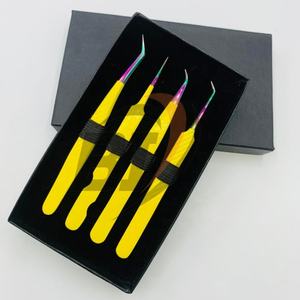 Pinzas de pestañas de acero inoxidable japonesas profesionales amarillo sostenible con punta de volumen de arco iris herramienta de extensión de pestañas de belleza - Product Image 3