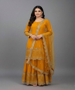 Modern Georgette Embroidery Sequined Potli <b>Button</b> Work Modest Simple Floor-Length Long Sleeve Top Sharara Dupatta 83318 Yellow - Product Image 1