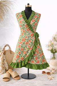 ชุดเดรสอังกรากาพิมพ์ลายดอกไม้แบบแฮนด์บล็อก แขนกุด คอวี ยาวระดับข้อเท้า แต่งระบายเป็นชั้นๆ ทรงเอไลน์ ชุดลำลองสำหรับผู้หญิง ชุดเดรสยาวสำหรับฤดูร้อน - Product Image 4