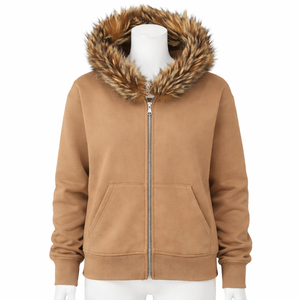 HYPEN SPORTS Sweat à capuche homme en molleton bouclette de coton vieilli, avec capuche amovible en fausse fourrure, fermeture éclair, coupe droite, écologique, style urbain - Product Image 2