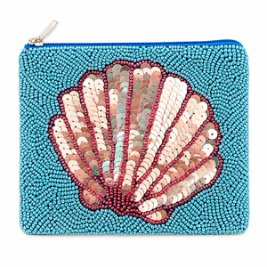 Handmade Mermaid Shell Beaded Coin Purse Coastal Fashion Zipper <b>Pouch</b> Boutique Gift 5 Inch 100g - Product Image 1