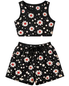 Conjunto de dos piezas para mujer: Top corto acanalado y shorts con cordón, negro con estampado floral de margaritas en el centro en rojo, estilo casual para estar en casa. - Product Image 1