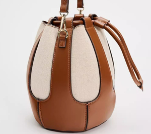 Leather Bucket <b>Bag</b> Women's Tan Beige <b>Canvas</b> <b>Drawstring</b> Crossbody Soft Minimalist Style All Seasons - Product Image 4