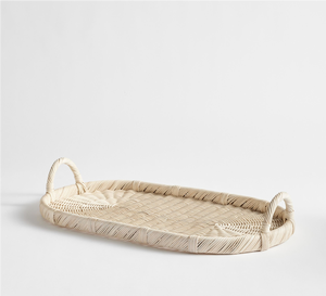 Modern Whitewashed Oval Rattan Tray Artisanal Wicker Storage <b>Basket</b> With Elegant Upright Handles For <b>Coffee</b> <b>Table</b> - Product Image 1