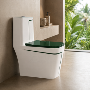 Inodoro Moderno y Elegante de Una Pieza, Color Blanco con Franja Verde, Taza Alargada, Descarga por Arrastre, Montaje Empotrado - Product Image 5
