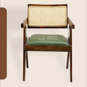 Nouvelle Arrivée Chaise de Salle à Manger Moderne du Milieu du Siècle avec Dossier en Rotin et Cane, Pieds en Bois Massif 100% et Assise Rembourrée en Cuir Doux - Product Image 1