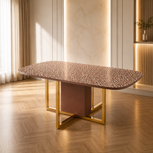 Table à manger ovale moderne en bois avec plateau aspect marbre, table sur piétement, mobilier de salle à manger sur mesure - Product Image 1