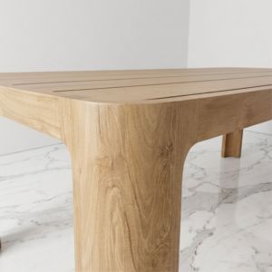 Table à manger rectangulaire moderne en bois massif avec plateau en teck à lattes et coins arrondis, ensemble de meubles en bois pour la décoration de l'espace de vie - Product Image 3