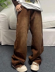 Pantalon en jean marron délavé coupe ample et large pour homme grande taille, style streetwear décontracté, taille mi-haute, 100 % coton tissé - Product Image 3