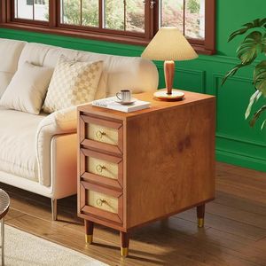 Comodino stretto in legno massello a 3 cassetti stile Mid-Century con frontale in rattan per soggiorno - Product Image 1