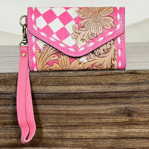 Trending Pink Tooled Checkered Leather Floral Design Women Clutch RFID Genuine Leather Cash & Card Holder Wallet for Daily Use - Product Image 4