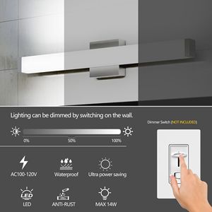 25-Inch 14W 6000K Cool White LED <b>Vanity</b> <b>Light</b> Brushed Nickel Square Wall Bar Lighting Fixtures with <b>Mirror</b> for Bathroom - Product Image 6