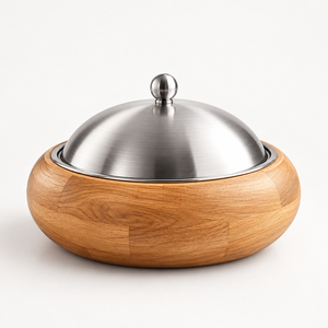 Luxury Wooden Casserole <b>Serving</b> <b>Dish</b> with Hammered Stainless Steel Dome Lid - Product Image 2