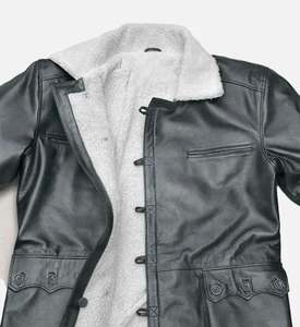 Manteau long en cuir véritable noir pour femme, col en fausse fourrure, fermeture à boutons, poches plaquées, parka d'hiver - Product Image 3