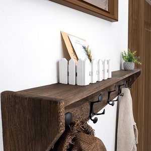 Estante de Pared Rústico de Madera Maciza con 5 Ganchos Metálicos, Ecológico, de 35 Pulgadas, Perchero para Entrada - Product Image 6
