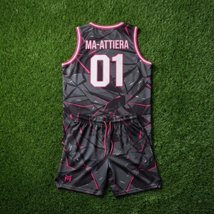Ensemble de maillot et short de basketball pour hommes Ma-Attiera, noir et rose, respirant, 100% polyester, impression numérique, uniforme sportif d'équipe - Product Image 5