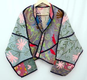 Elegante Chaqueta Kantha Estampada 100% Algodón con Cuello Mandarín, Transpirable, Multicolor, Ecológica, para Otoño, Abrigo para Mujer - Product Image 3