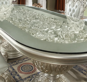 Juego de Comedor Ovalado de Madera de Teca Sólida Plateada de Lujo, Estilo Europeo Clásico Tallado, Ecológico y Duradero, Muebles de Comedor para Hotel - Product Image 4