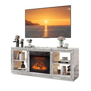 Soporte de TV Moderno Plateado de 18 Pulgadas con Espejo, Panel de Fibra de Densidad Media con Inserto para Chimenea LED, Estantes de Almacenamiento y Consola con Acabado Estilo Madera - Product Image 3