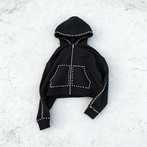 Ensemble de survêtement noir à capuche pour femme, coupe ample, manches longues, sweat-shirt décontracté à fermeture éclair et pantalon avec détails en strass - Product Image 2