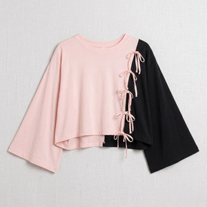 Camisa de mujer Chic Color Block con lazo, top corto rosa y negro, de algodón personalizado, manga larga ancha, ajuste holgado, estilo casual, para boutique. - Product Image 4